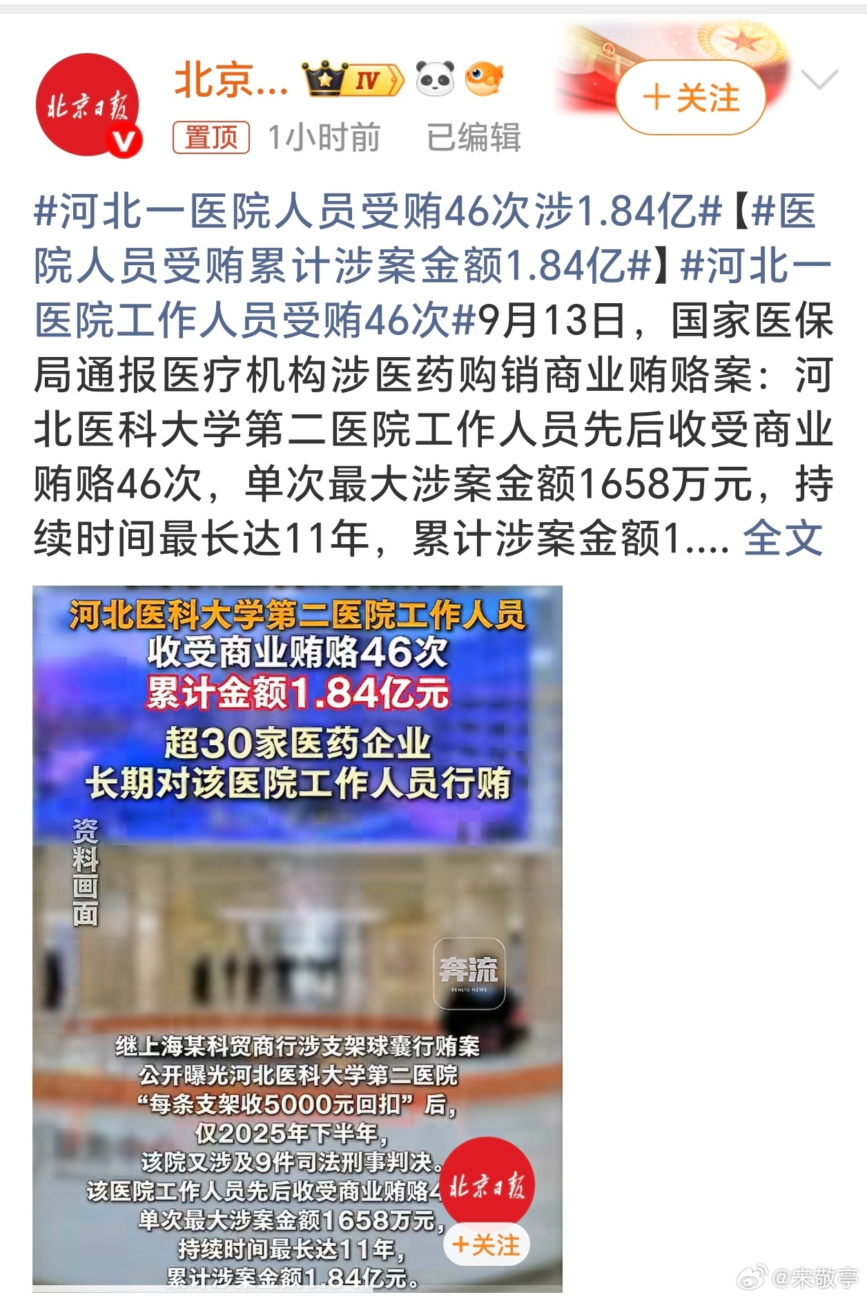 河北一医院人员受贿46次涉1.84亿46次受贿、涉案1.84亿，数字触目惊心。医