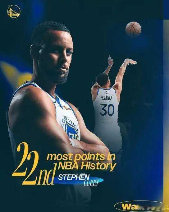 勇士官方祝贺！库里总分超卡特升历史第22 现役第5仅输詹杜登威北京时间11月19