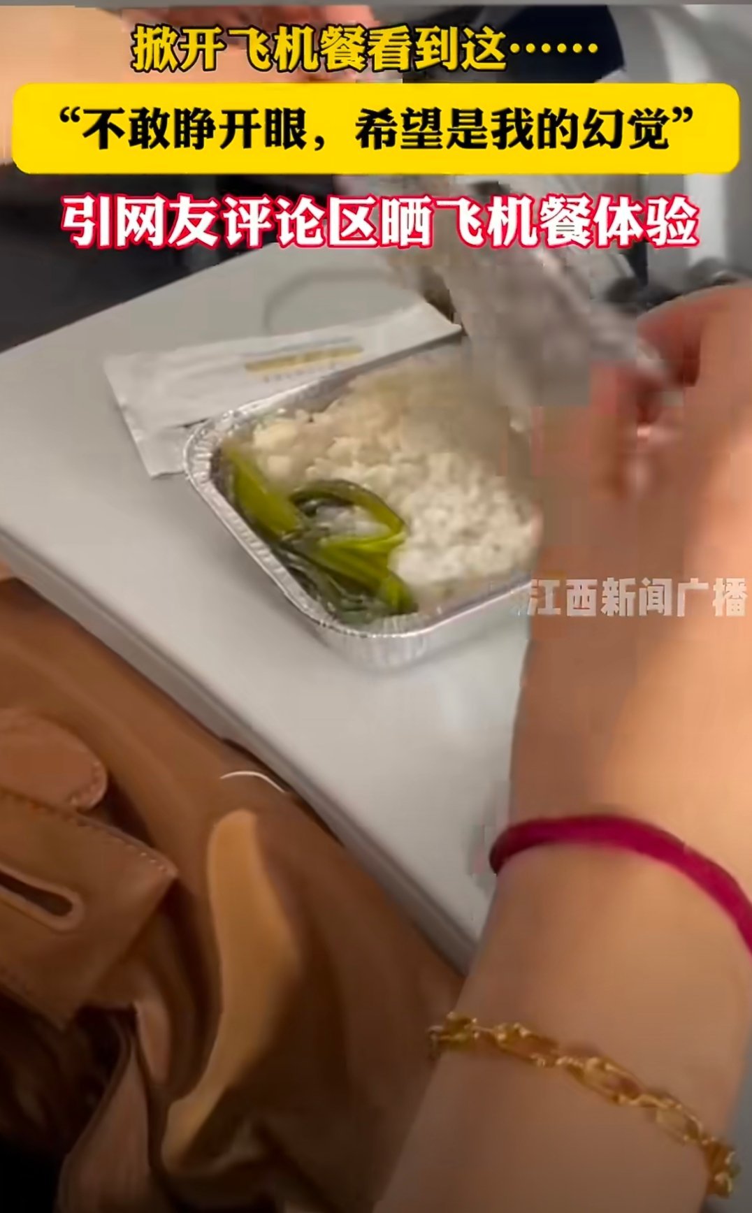 女子吐槽飞机餐仅一根青菜配米饭摆拍就说摆拍，锡纸明显提前打开过，而且谁家吃飞机餐