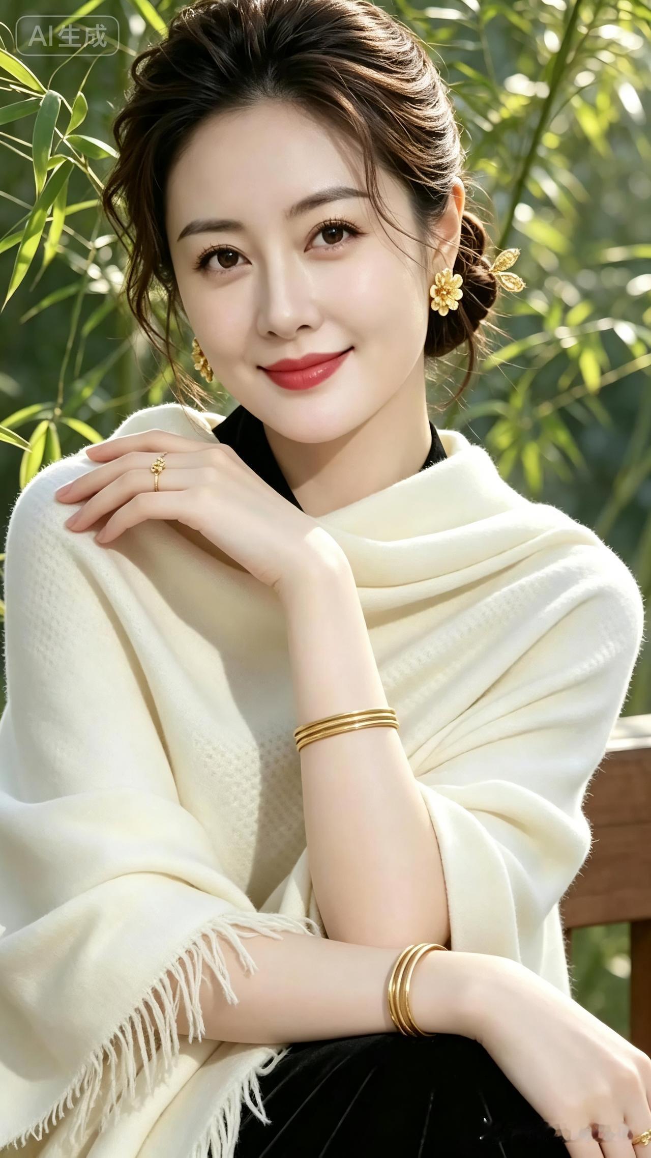 画面的主体是一位气质温婉且优雅的亚洲女性，她有着白皙的肌肤与精致的五官。她留着深