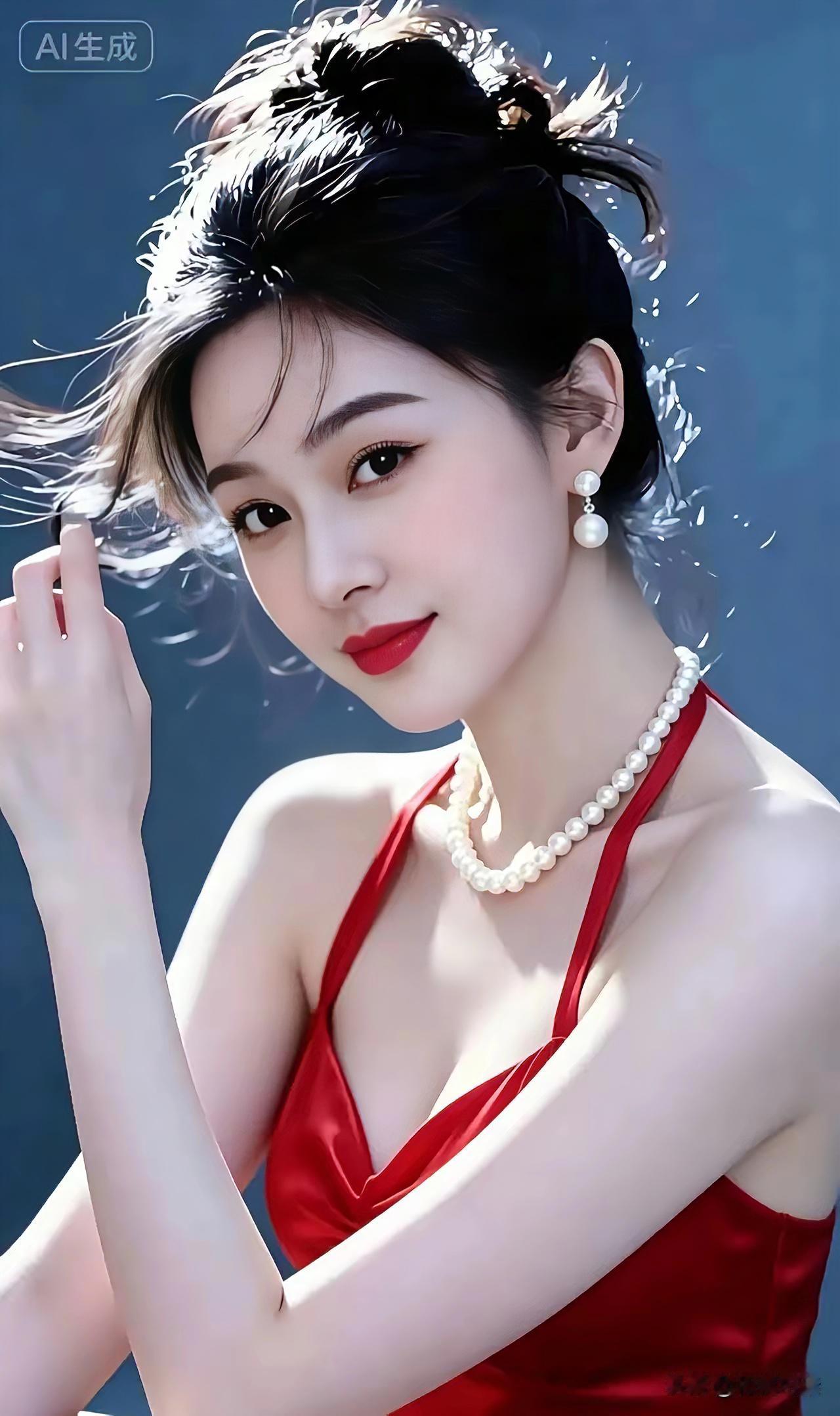 红妆美人
青丝高绾随风飘，
珠饰莹莹泛柔光。
一袭红裙明且亮，
眉眼含情气质彰。