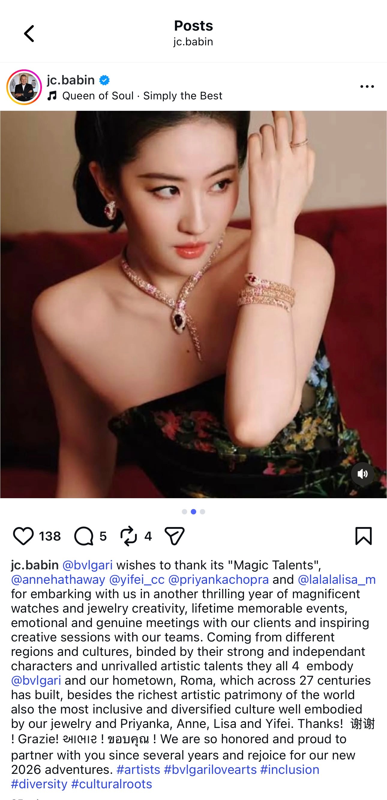 刘亦菲 宝格丽董事会主席JC Babin在自己的官方Ins发布全球品牌代言人刘亦