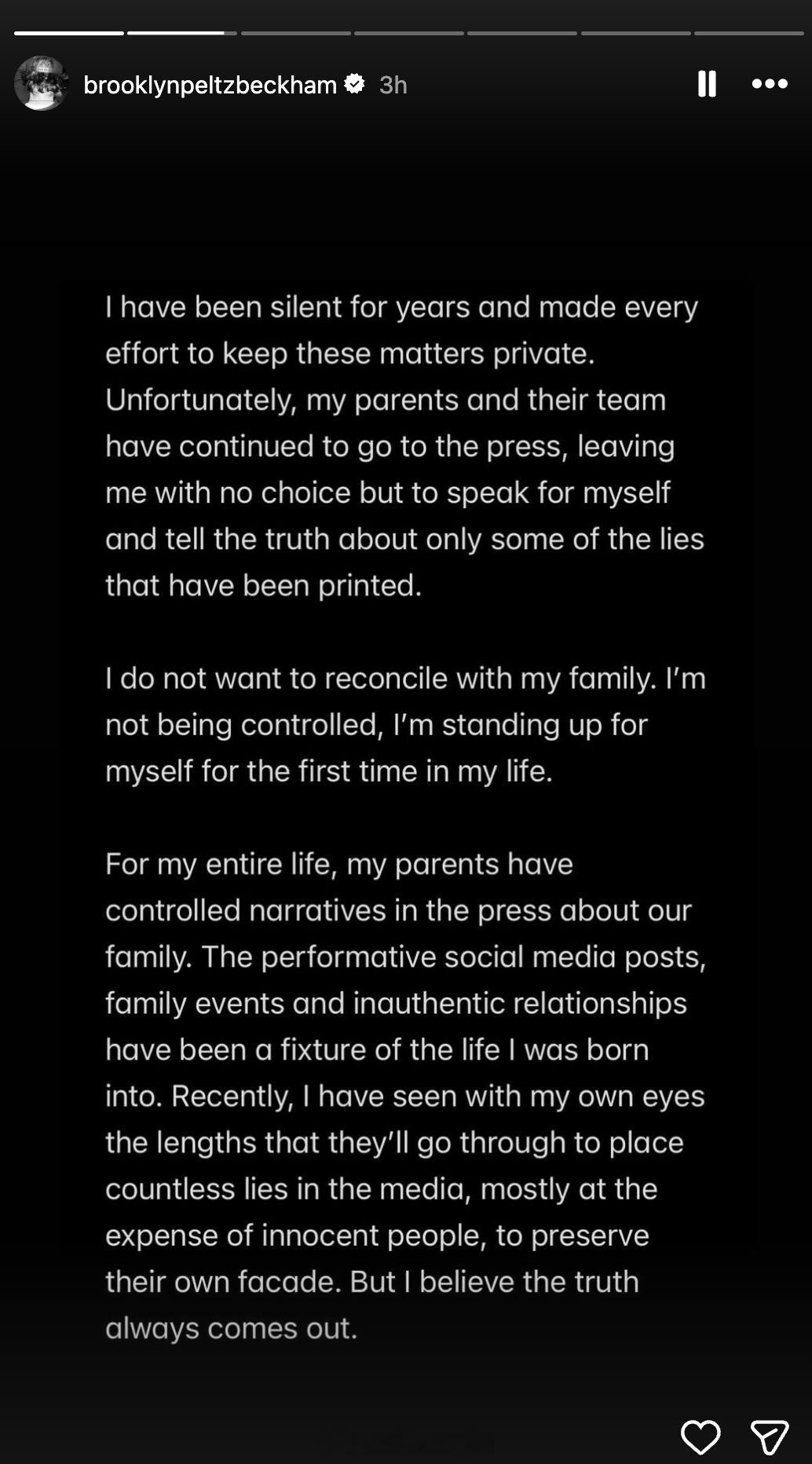 贝克汉姆的儿子布鲁克林今天在Instagram 上发布长文，讲述他与父母贝克汉姆