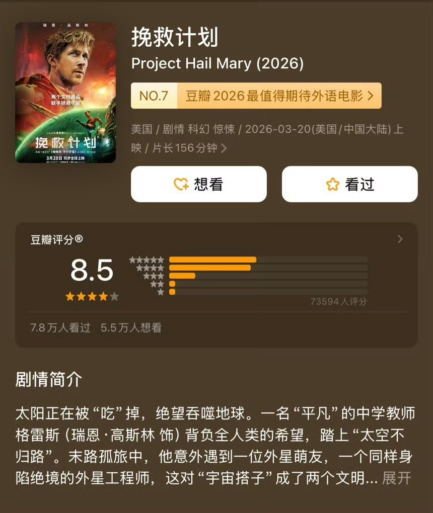 本周上映好莱坞电影豆瓣开分，质量都很高：《挽救计划》8.5《你好，爱美丽》8.0