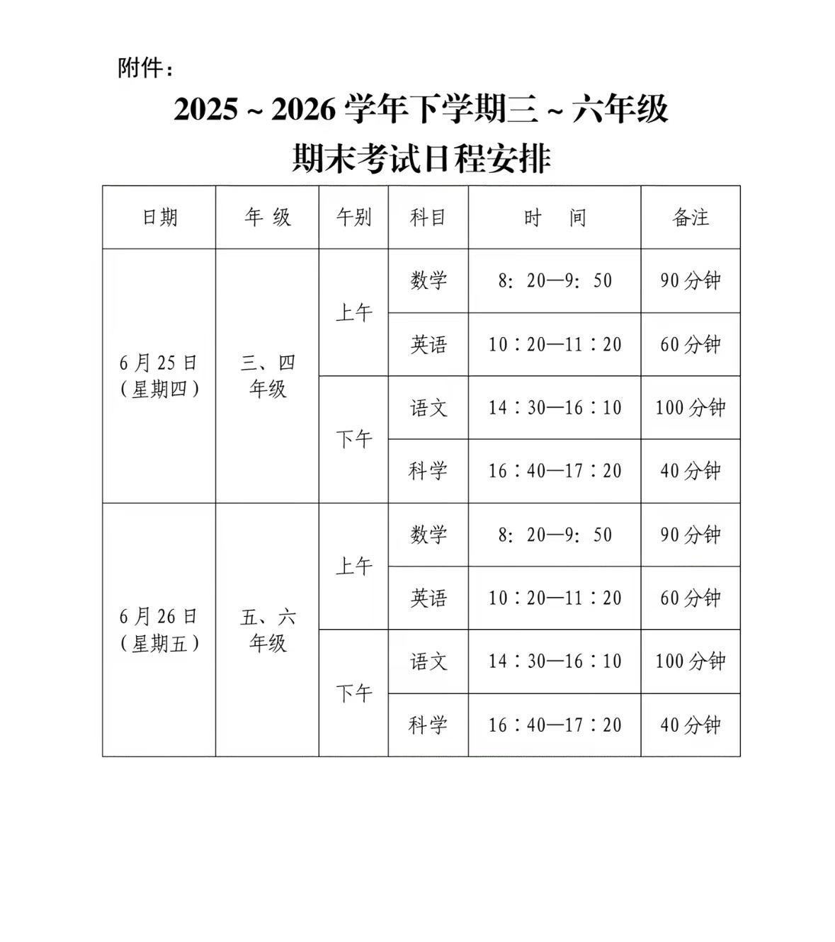 定了小学三至六年级期末考试时间在6月25日和26日两天，25日当天三四年级考试，