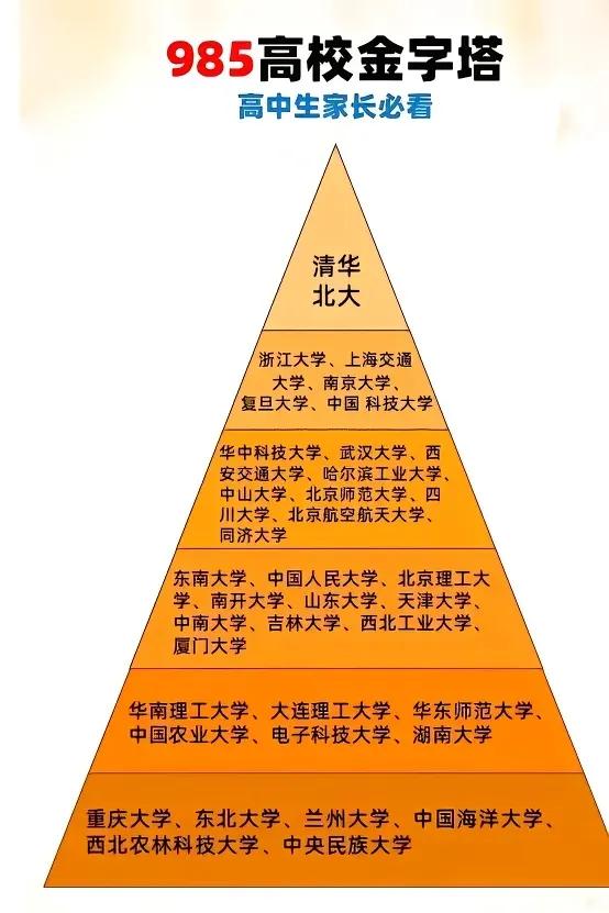 985高校金字塔，呈现出六个档次：

第一档次：清华、北大；
第二档次：浙大、上