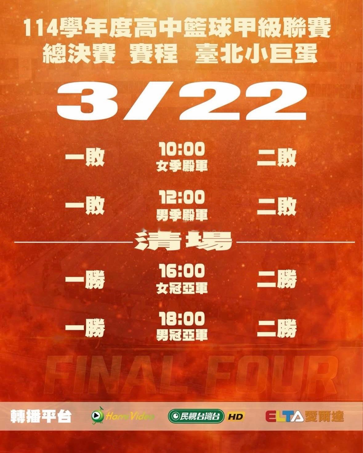 台湾省HBL联赛总决赛阶段将于3月21日至22日在台北小巨蛋举办，男子组四强为东