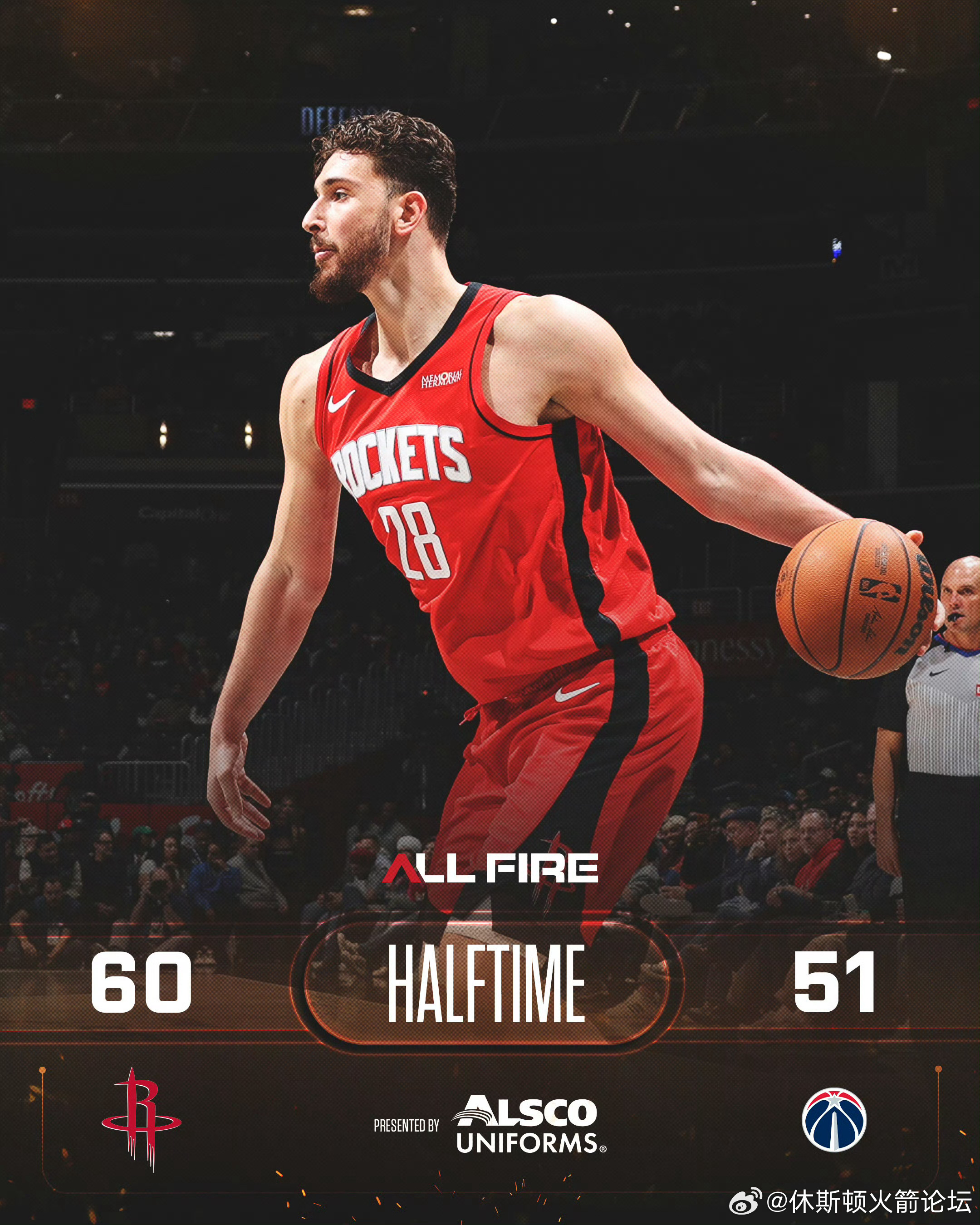 半场火箭60-51奇才，申京19分，KD14分，谢泼德10+7+4火箭vs奇才休