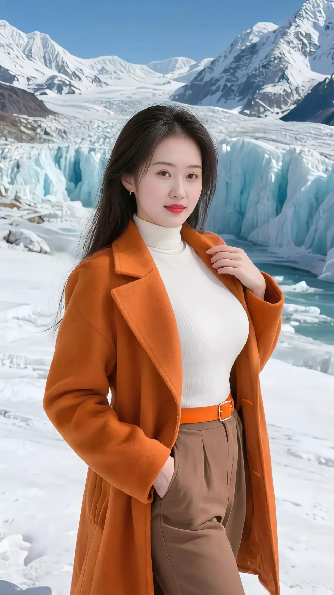 冰天雪地中的时尚穿搭，温暖橙色的外套搭配白色毛衣，显得格外亮眼。棕色毛衣穿搭 白