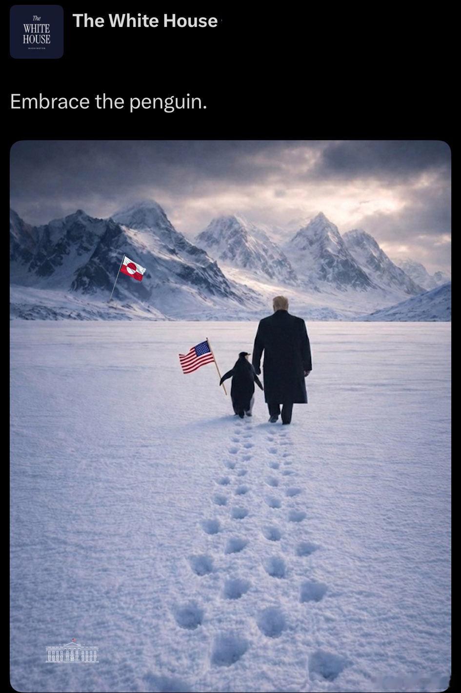 白房子的图像。美国特朗普总统和格陵兰的企鹅意思就是格陵兰的企鹅已经同意特朗普的占