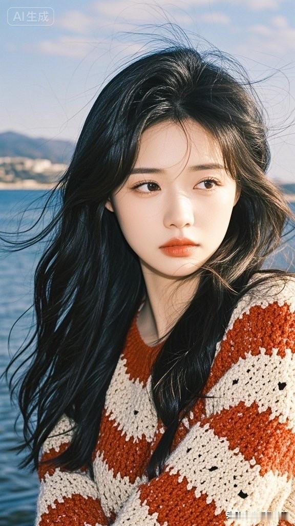 长发妹子穿毛衣在海风中。