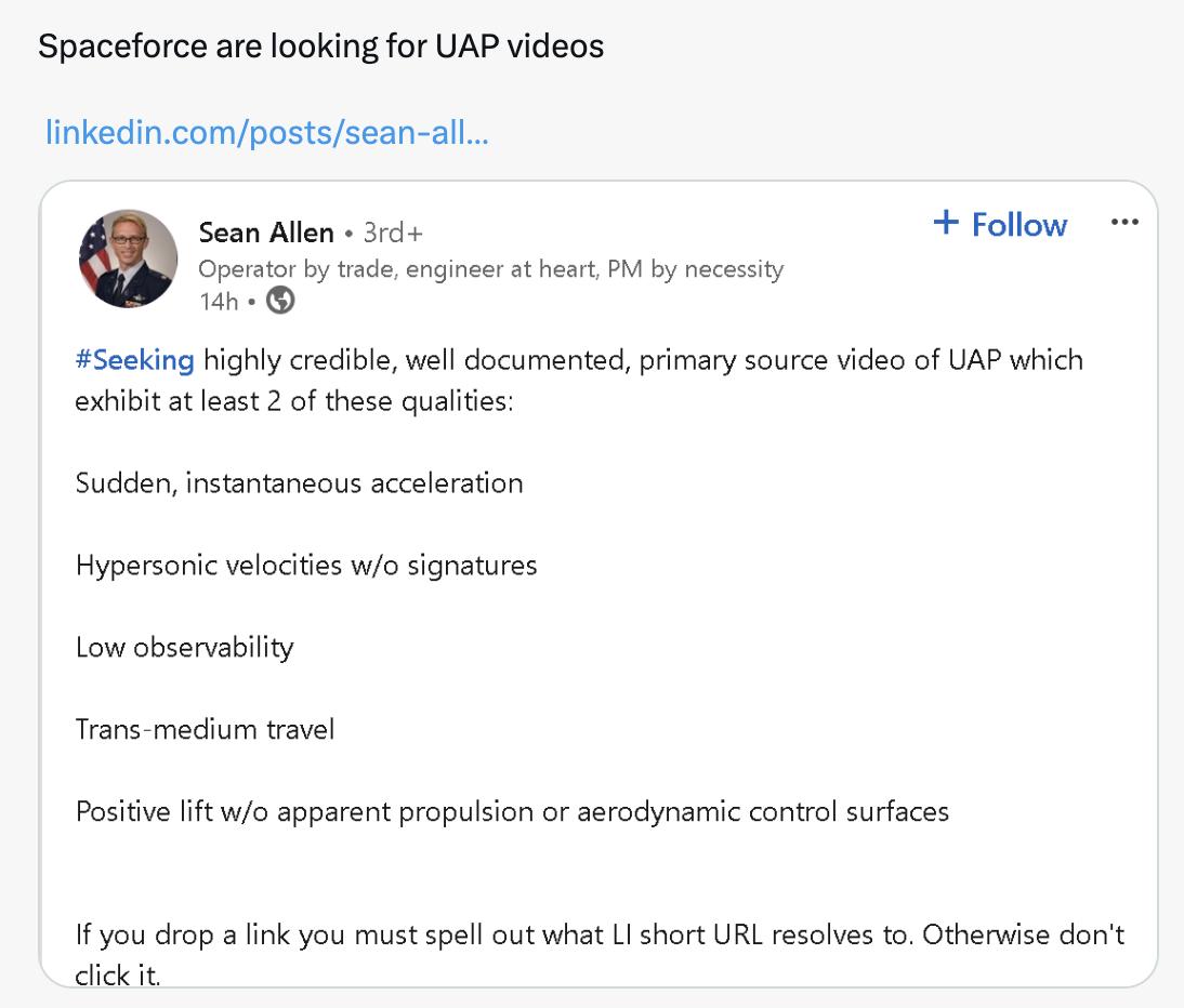 美国太空军正在寻找不明航空现象（UAP）的视频。根据相关信息，所寻找的视频必须高