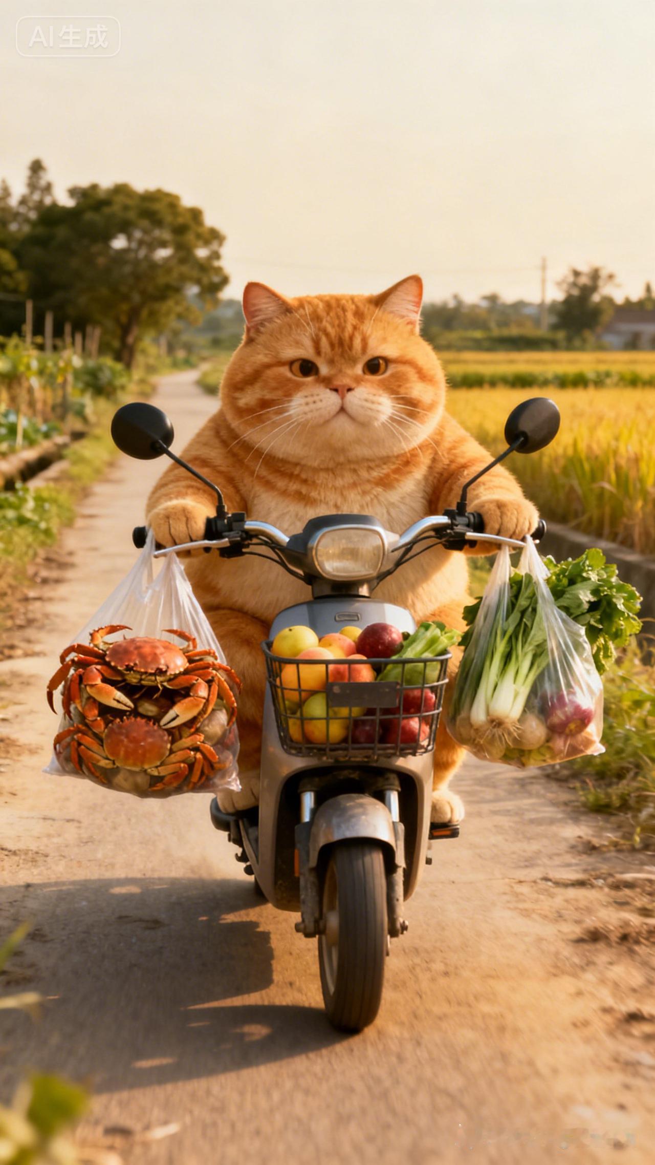 萌猫骑车买菜，田园生活好时光！🐱🚴‍♀️🥬🍎
