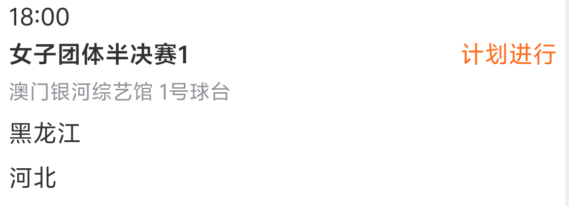 比赛安排:女团半决赛11月18日 18：00 T1黑龙江VS河北