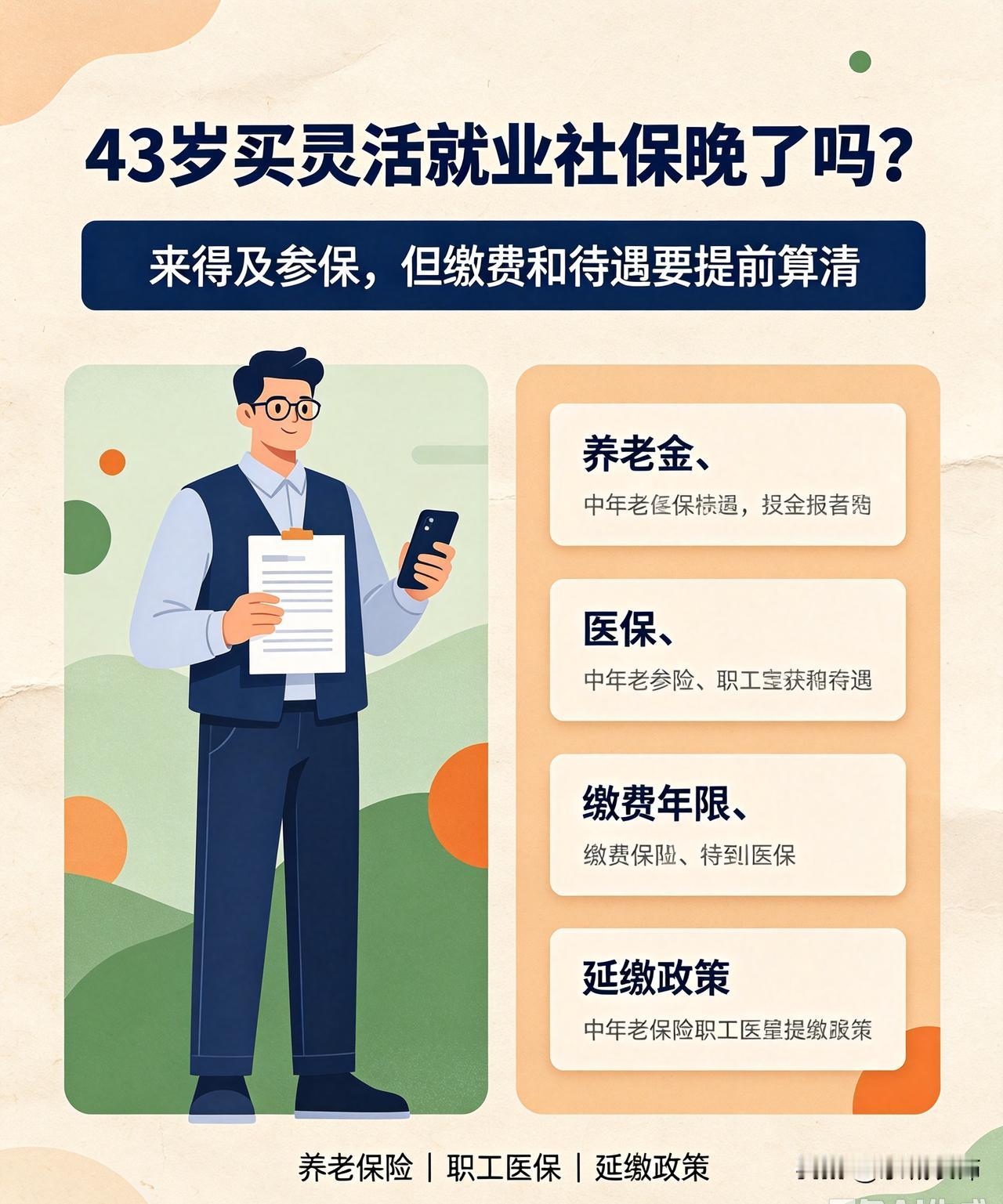 43岁买灵活就业社保晚了吗?
43岁交灵活就业社保不算晚，但养老金待遇不会很高。