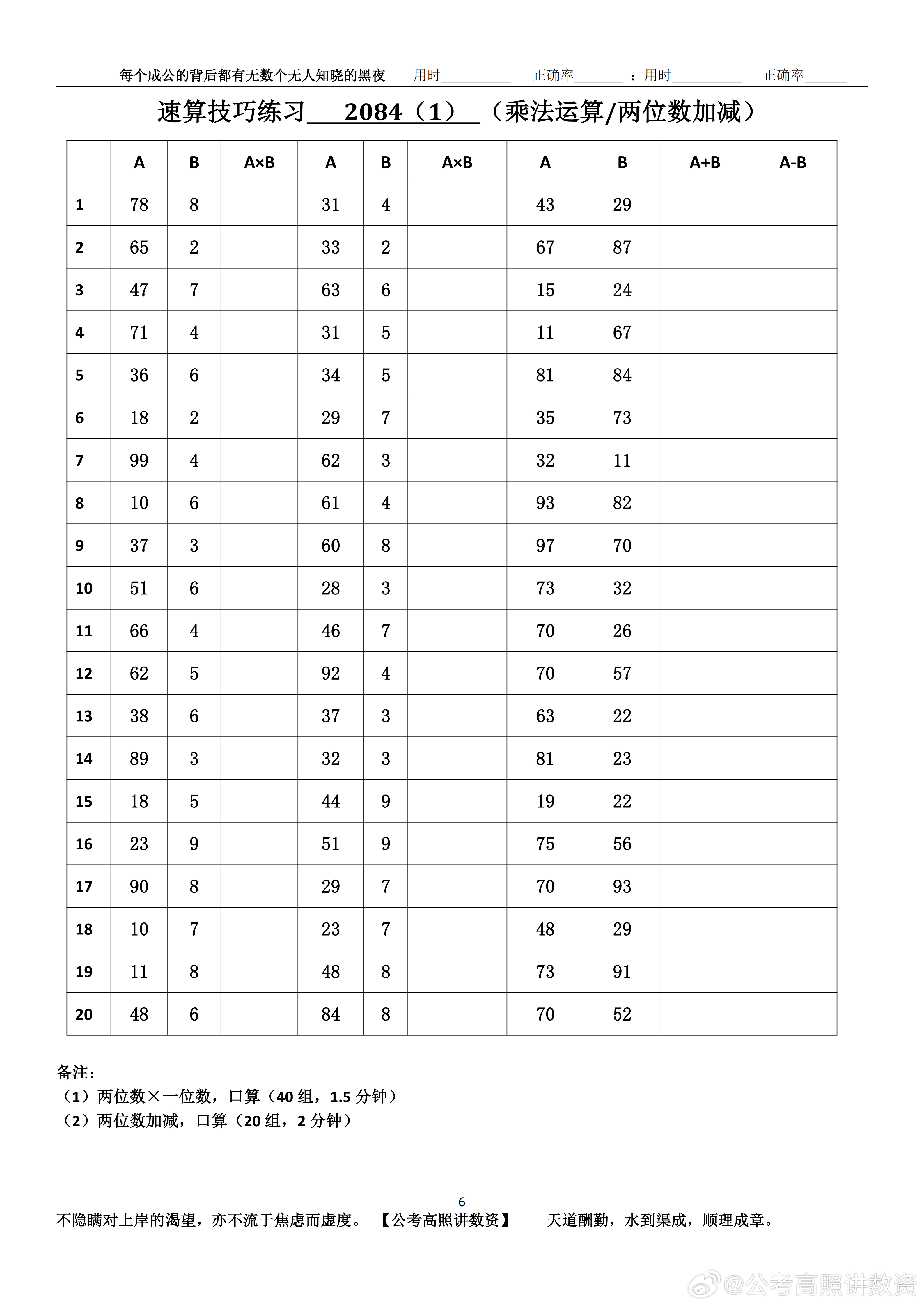 跟着高照练速算决战公考  速算练习2084相信自己，努力学习。速算链接汇总：网页