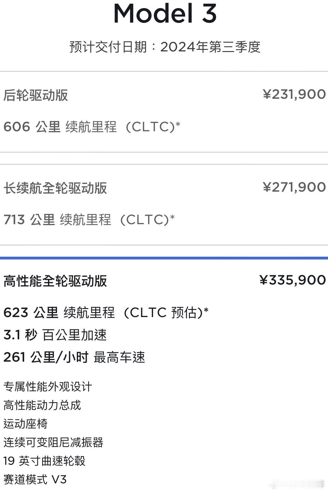 #2024北京车展# 前夕，全新Model 3高性能版发布，售价33.59万元，