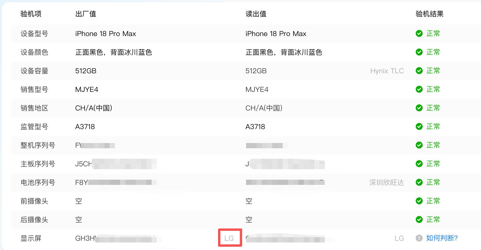 看了下我的 iPhone 18 Pro Max，屏幕是 LG 的，电池是深圳欣旺