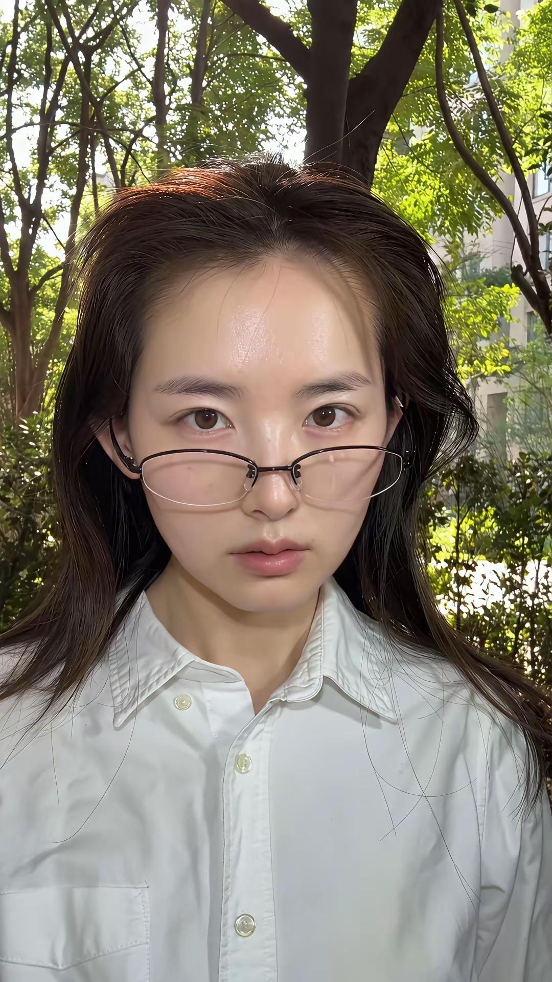 眼镜美女穿搭风格，少女感白衬衣 阳光下的清新少女，白衬衫与自然绿植的完美搭配，眼
