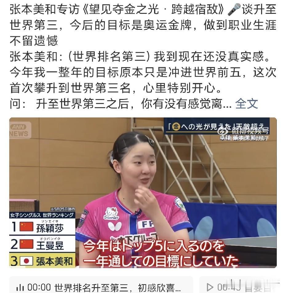 张本美和又接受日媒采访了。
在谈到伦敦世乒赛决赛对阵王曼昱时，张本美和说：“我和