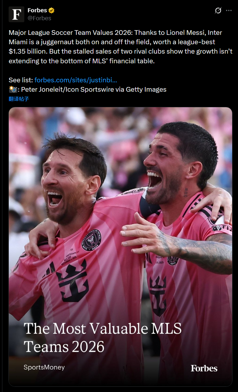💵福布斯：得益于梅西，迈阿密国际在球场内外都势不可挡，球队估值达到13.5亿美
