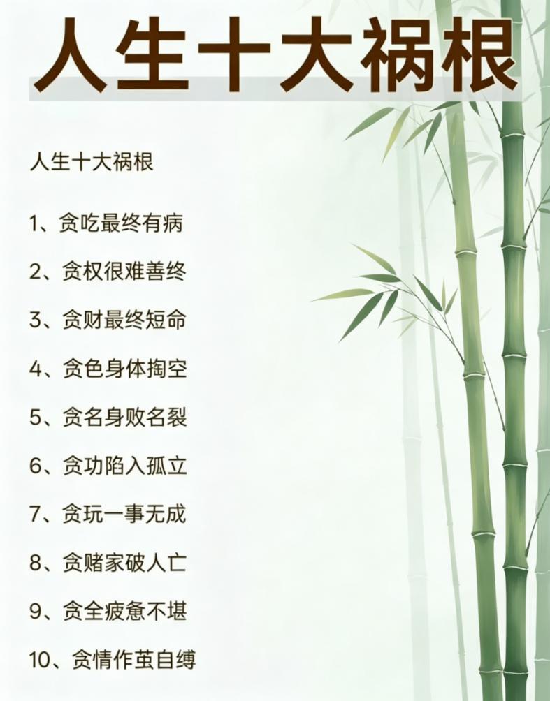 老话常说：贪如火，不遏则燎原；欲如水，不遏则滔天。人生十种祸患，根源全都绕不开贪