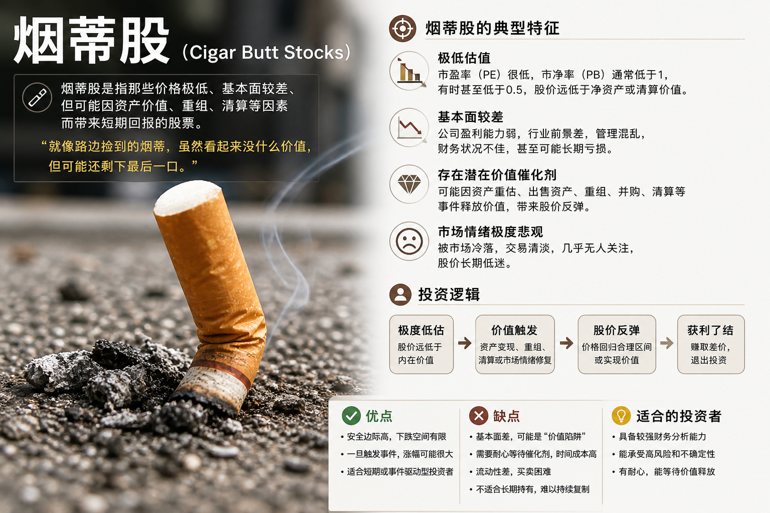 什么是真正的 "烟蒂股"？"烟蒂股" 是本杰明・格雷厄姆提出的经典投资概念，指的
