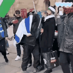 这个男子身披着以色列国旗，好像也是引起了众人的不满，大家对他推推搡搡，不是很友好