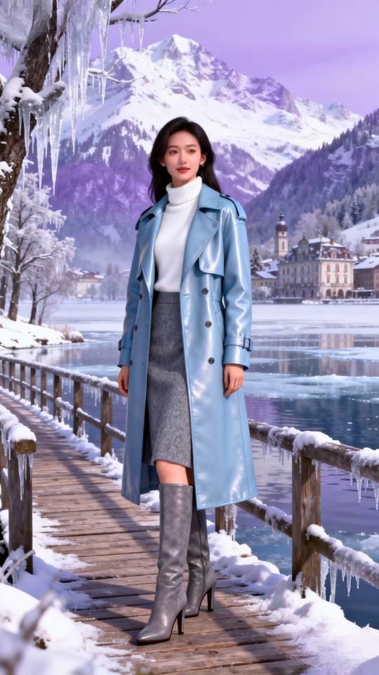 穿搭：白色毛衣+灰色半身裙+皮大衣。衣服穿搭 美女壁纸