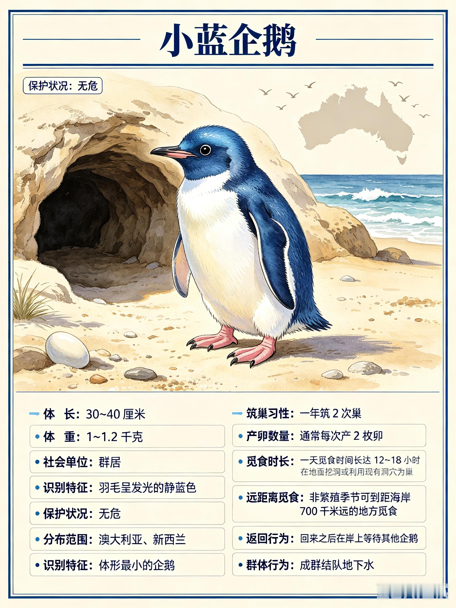 鸟类朋友图鉴 小蓝企鹅体长：30~40 厘米体重：1~1.2 千克社会单位：群居