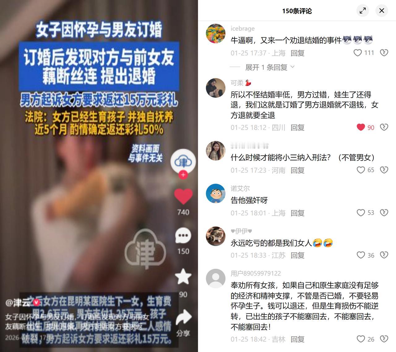 生了娃还得退7万5彩礼？这判决扎了多少女性的心。

女子订婚怀孕后发现男方跟