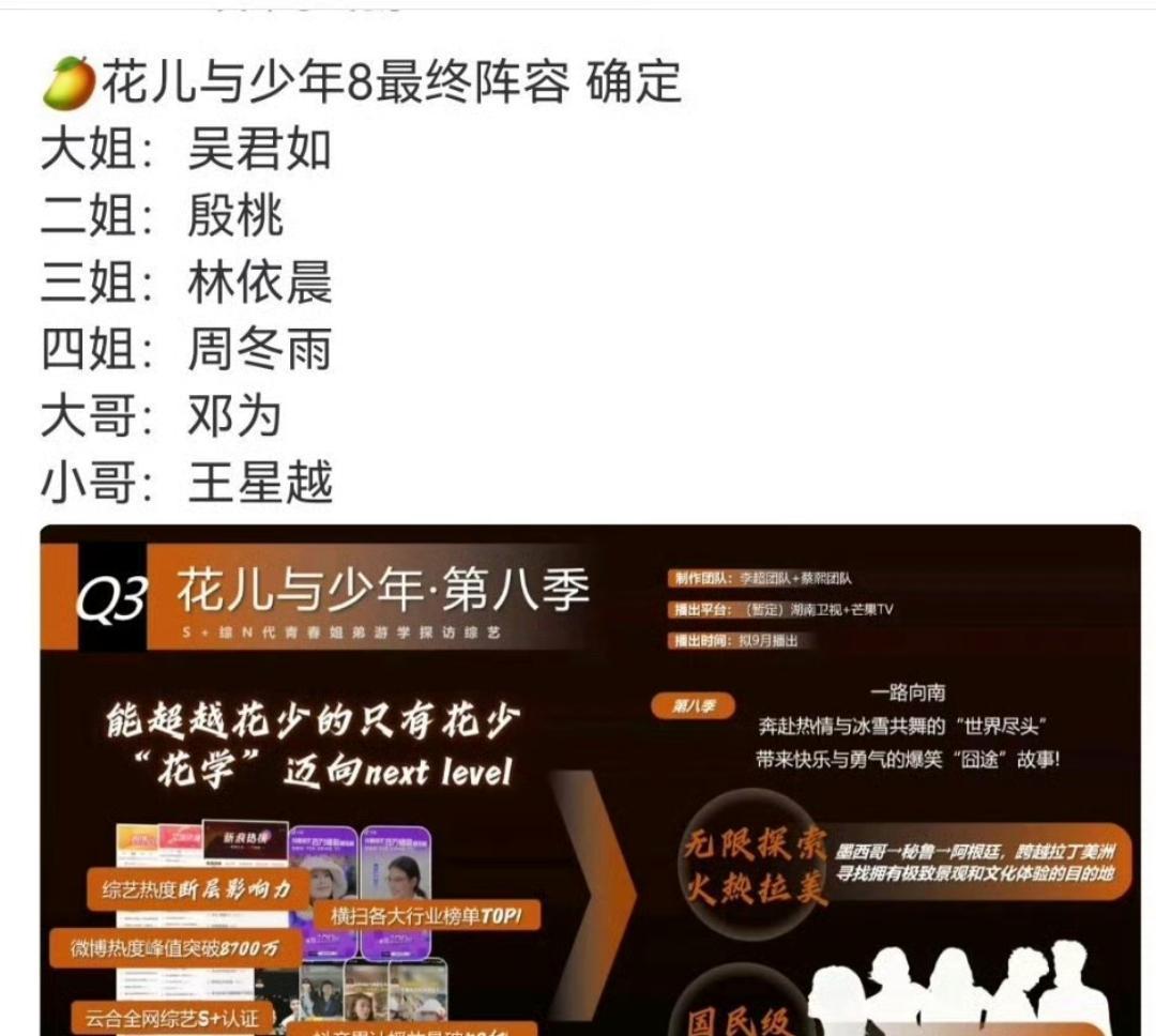 最近网上爆出消息，《花儿与少年8》嘉宾名单已经彻底敲定。之前传过好几版阵容，这回