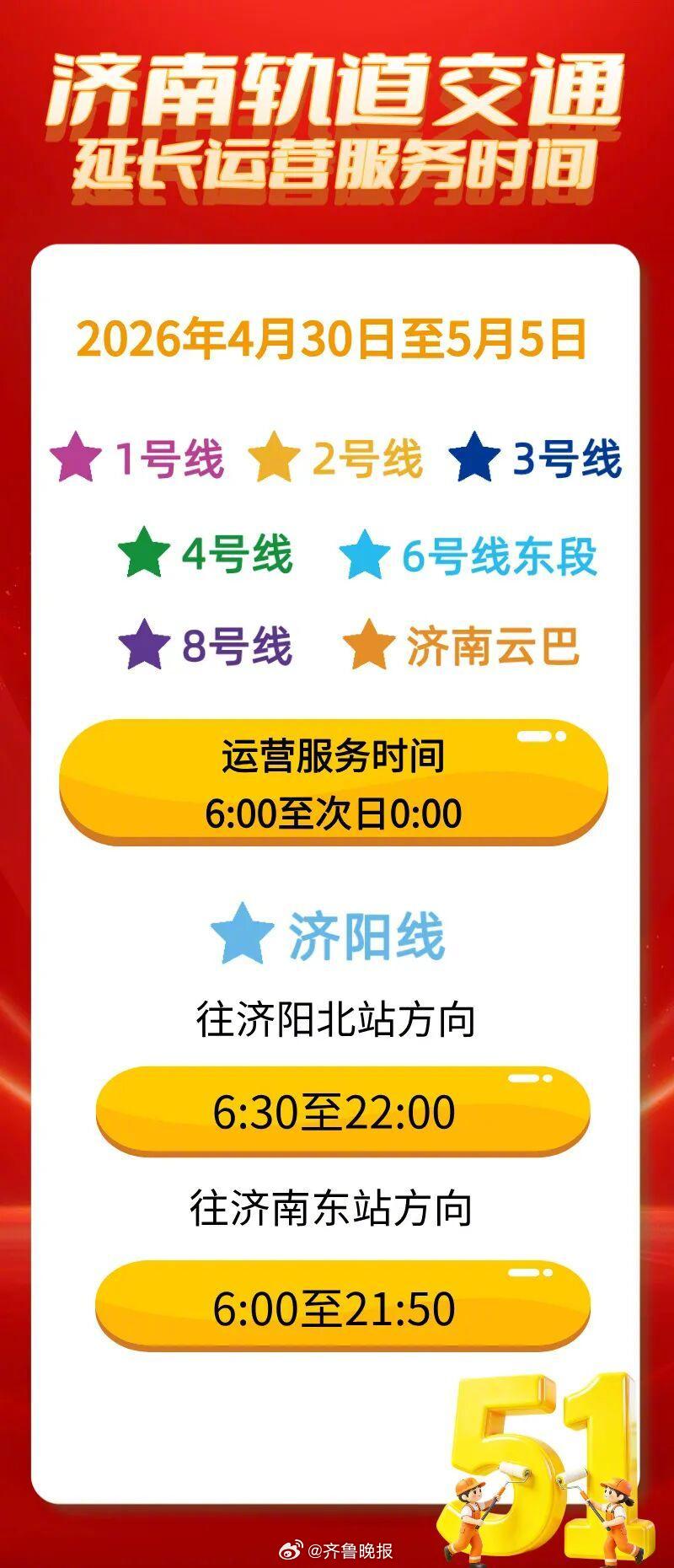 #济南新闻#【出行更便捷！#五一假期济南地铁运营延长至零点#】2026年“五一”