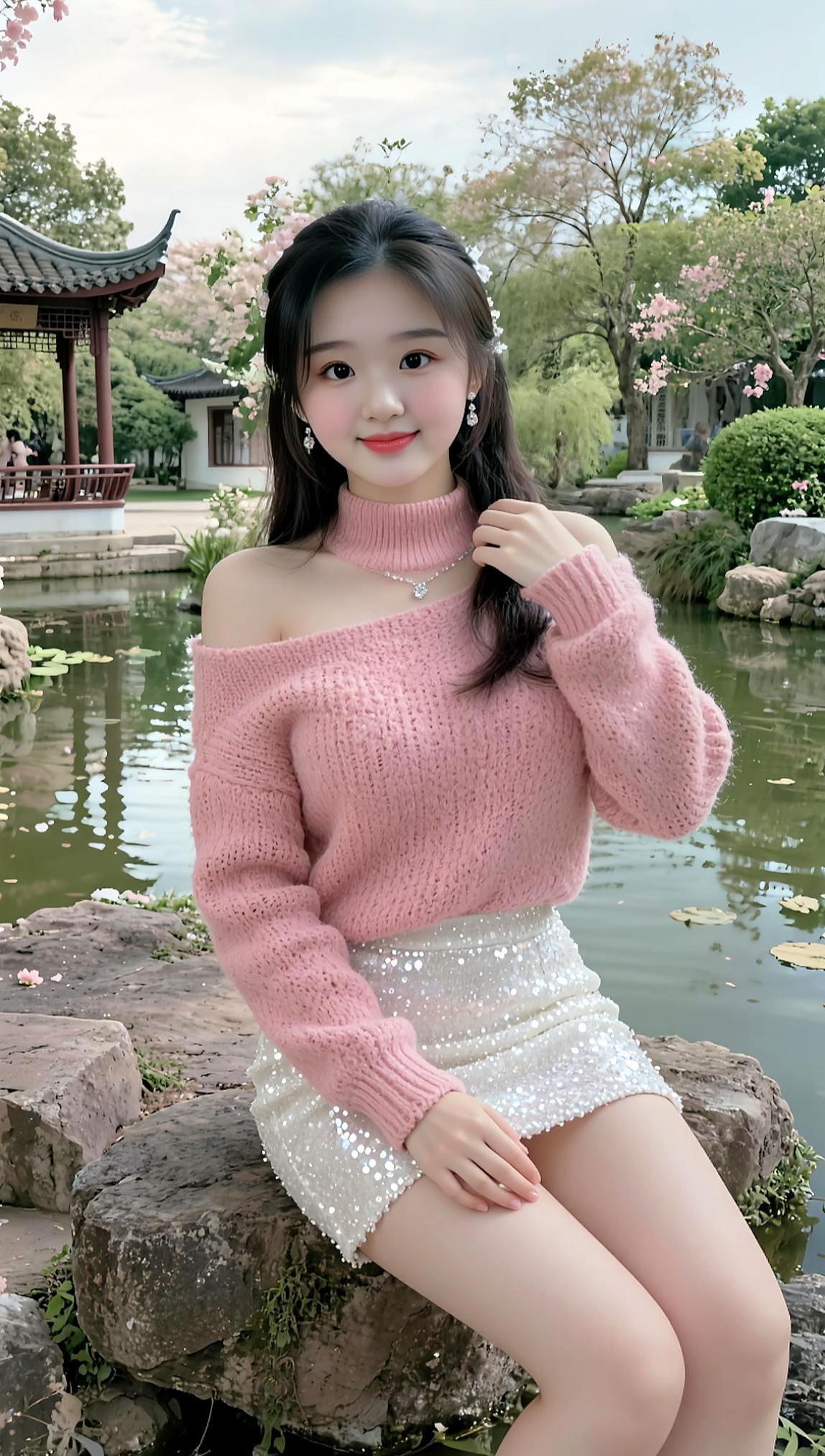 花园边小姐姐 坐赏花 微笑治愈一切