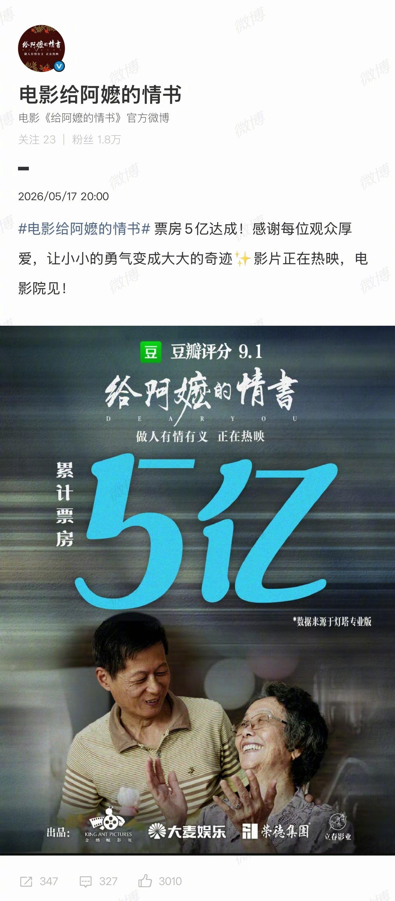 【给阿嬷的情书回应票房破5亿】 5月17日晚，票房5亿达成！对此，官方发文表示：