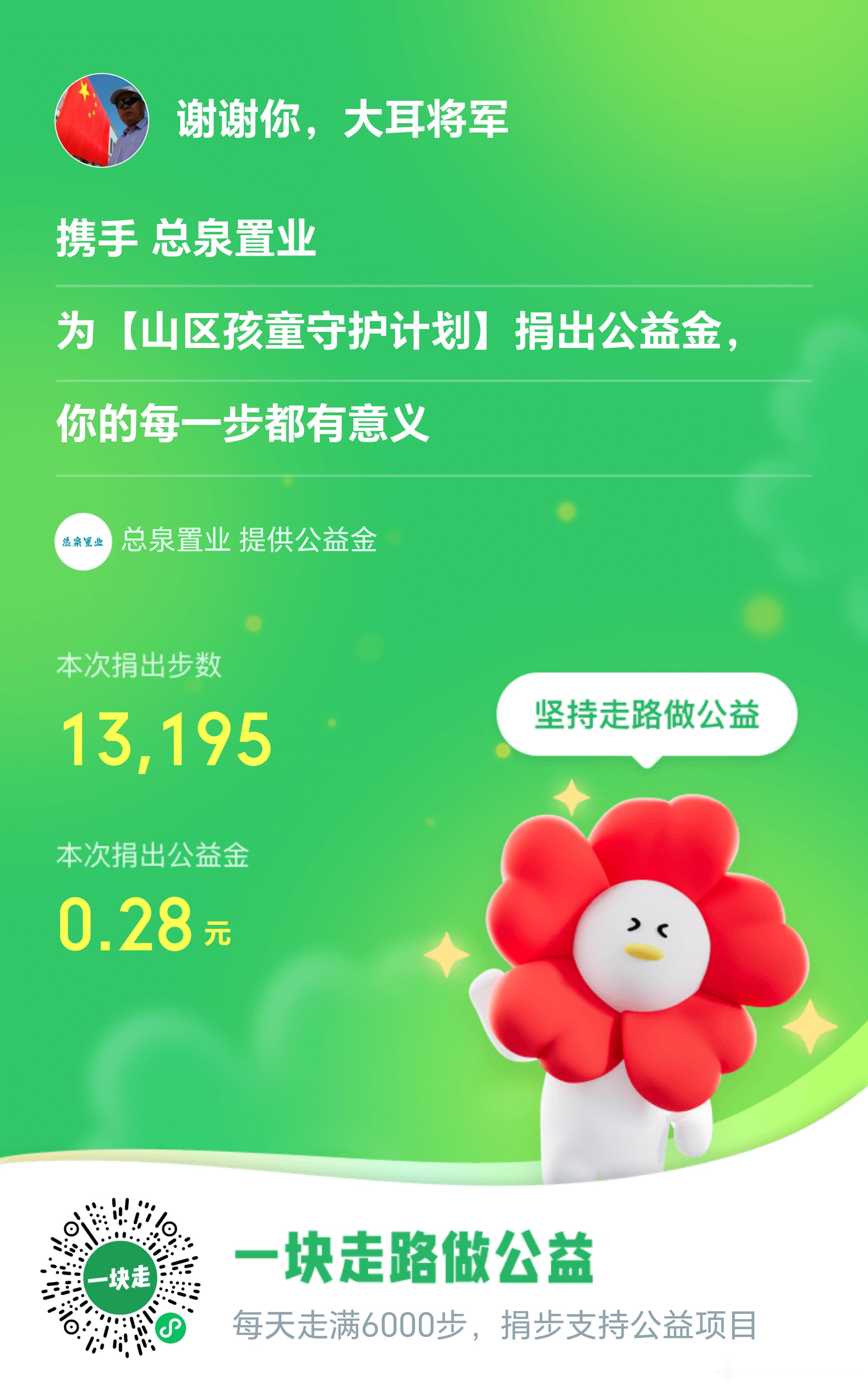 大耳将军单车行 坚持走路做公益，今天走路1万3千多步，捐出公益金4毛2，每一步都