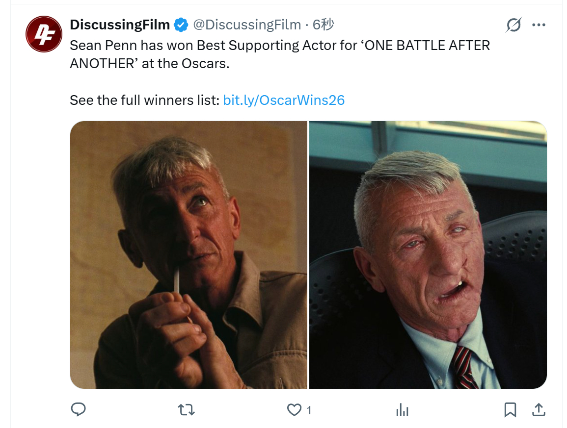 TNABO 奥斯卡最佳男配角：西恩·潘，《一战再战》奥斯卡