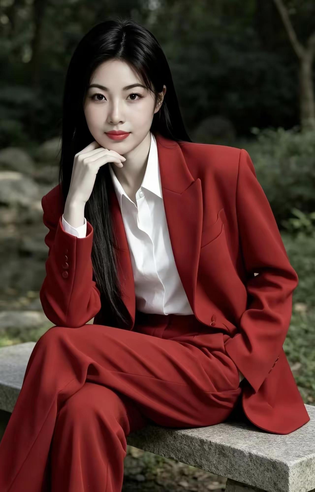 红色西装套装，自信满满，职场女王范儿十足！💄👠💼