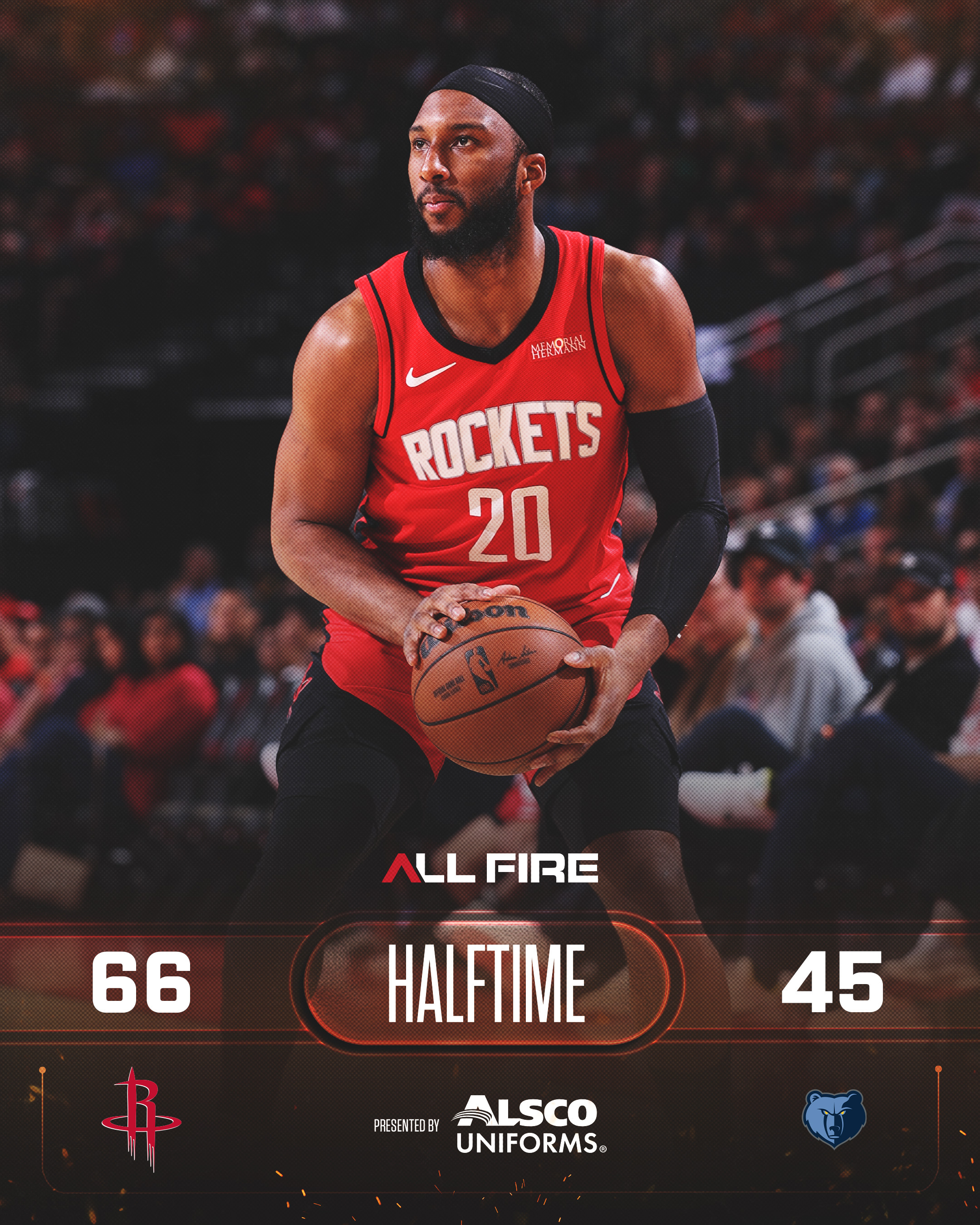 半场比赛结束！火箭66-45灰熊！伊森12分6板3助、泰特11分4板1助、卡佩拉