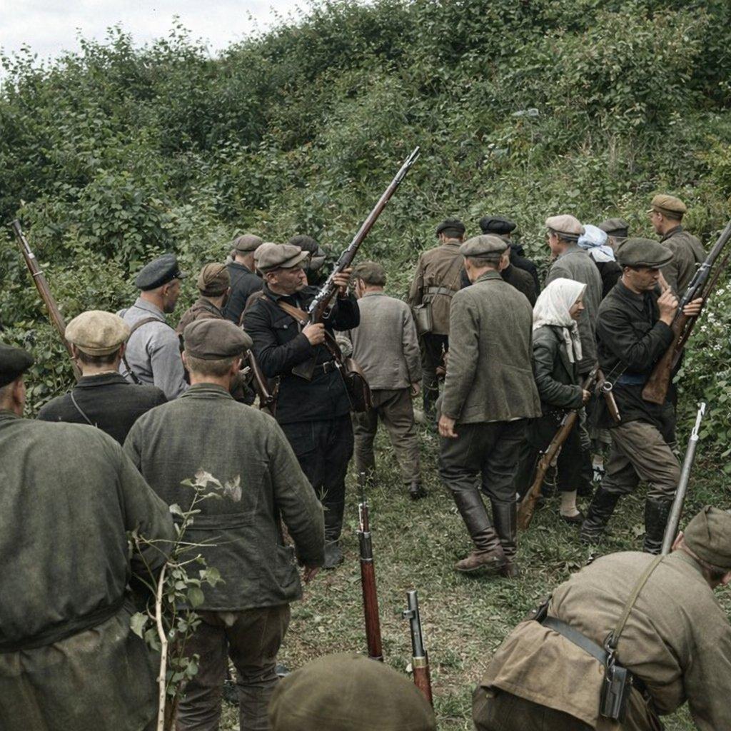 1941年8月，在被占领的白俄罗斯，苏联游击队员在一个秘密基地领取新配发的步枪。