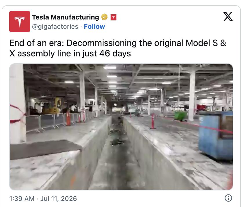 特斯拉Model S/X旧产线已拆除
特斯拉官方发布了一段视频，展示了弗里蒙特工