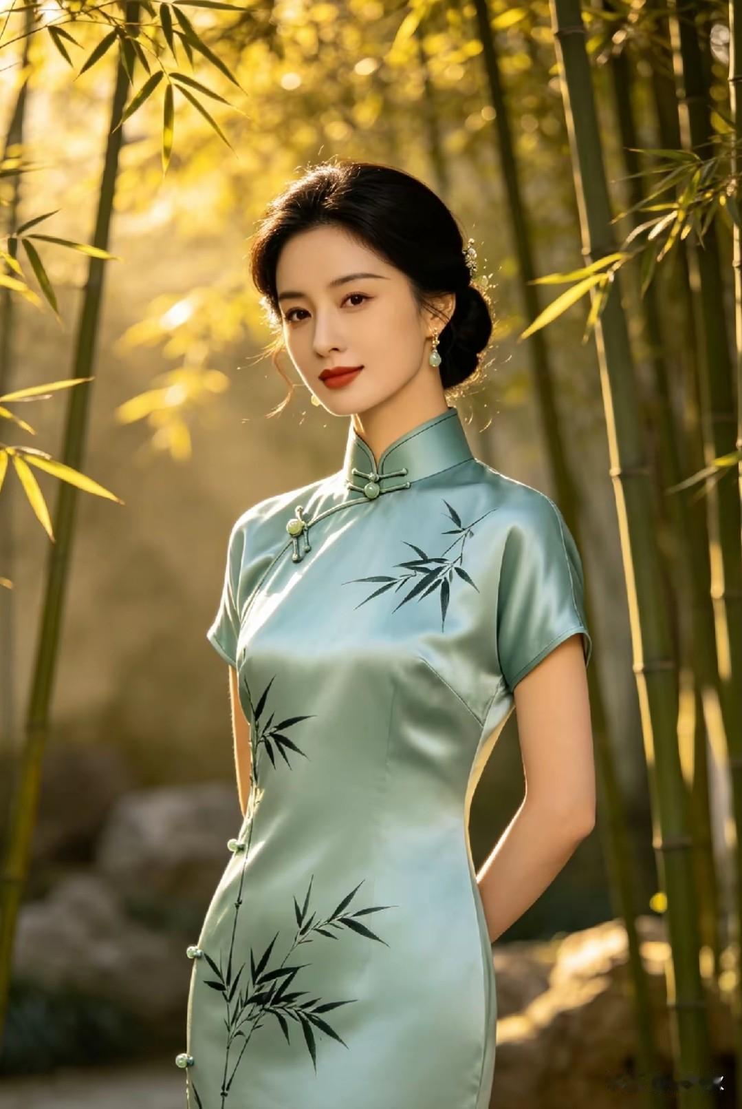 旗袍雅致韵味生
绿底翠竹显风情。
东方文化传古韵，
婀娜多姿步履轻。