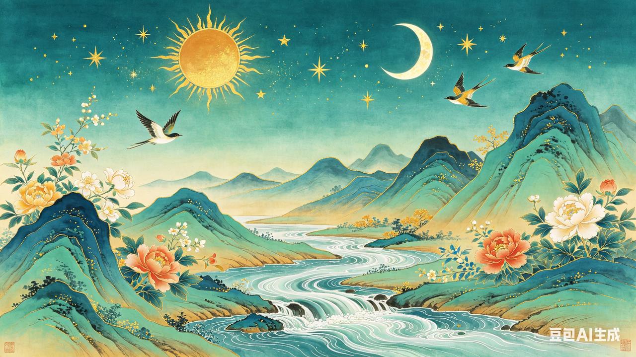 下联：地有山水花鸟。