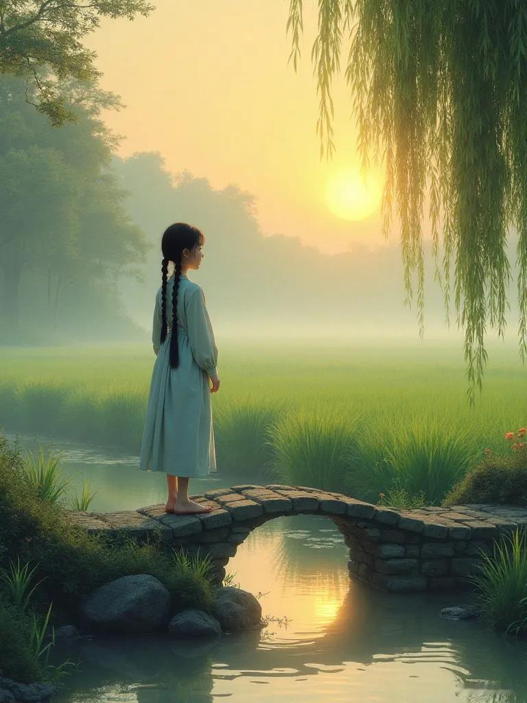 《小芳》
村南春水映新芳，
两绺乌鬟荡碧光。
柳眼含情风欲语，
稻花香里度斜阳。