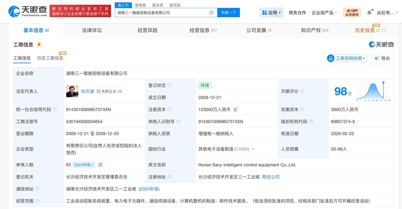 三一重工旗下智能控制设备公司增资至12.3亿 增幅约435%
天眼查App显示，