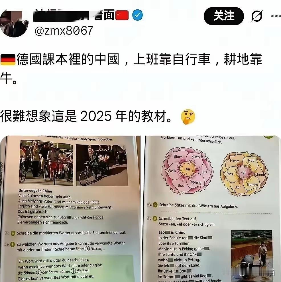 现在德国的教材中，中国的社会还停留在自行车王国的场景中，满大街都是骑自行车的，还