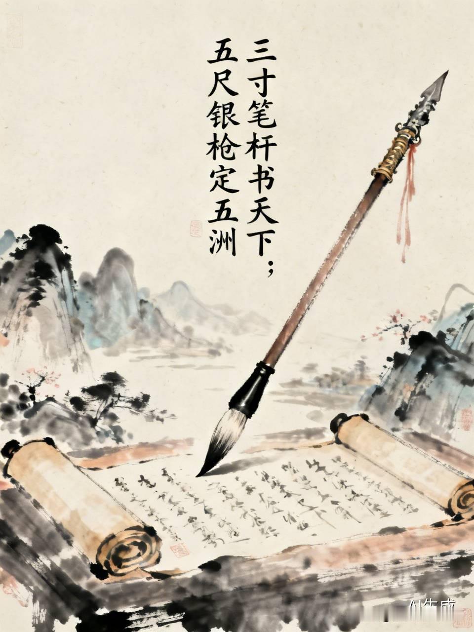 看到“三寸笔杆书天下；五尺银枪定五洲”这对联，瞬间被其豪迈气势击中。对仗工整不说