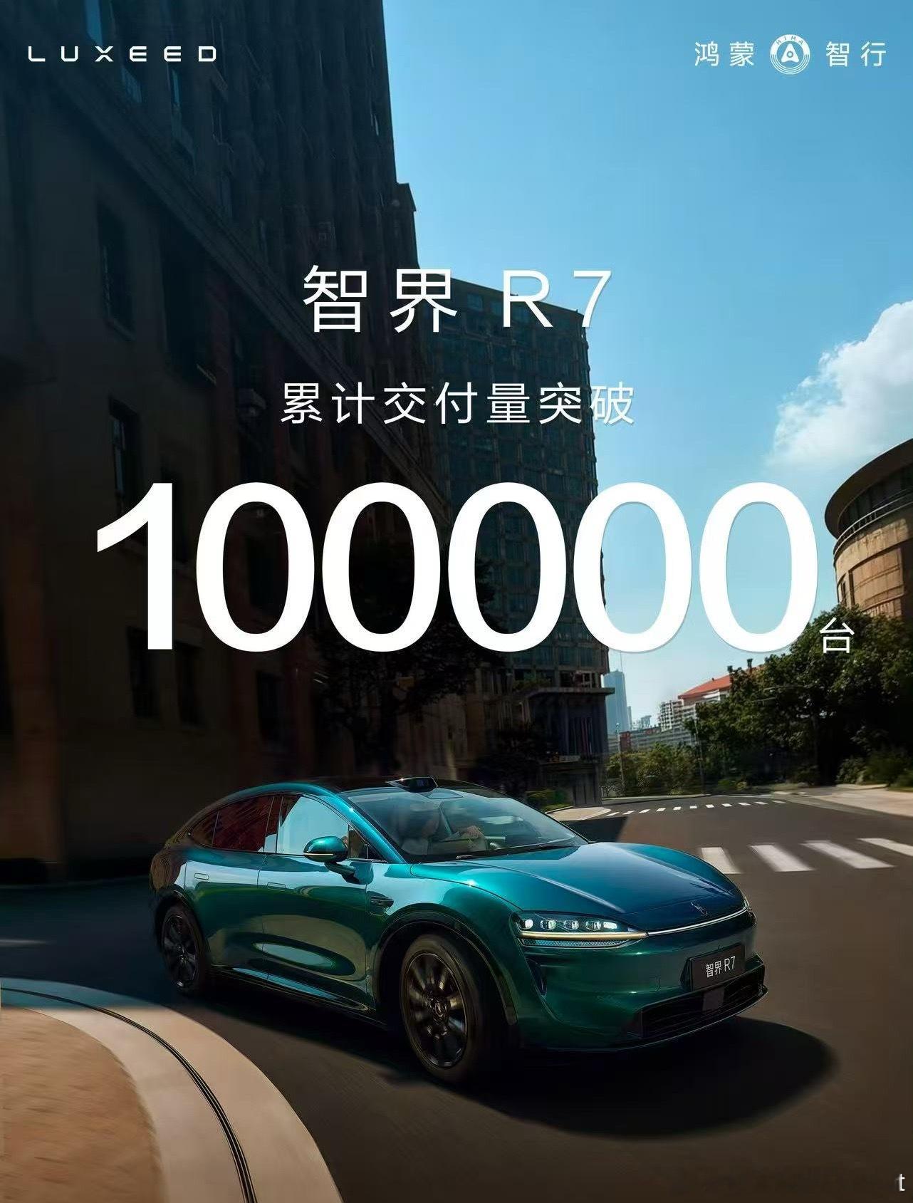 智界R7累计交付突破10万 从去年9月24日上市开始到现在智界R7累计交付突破1