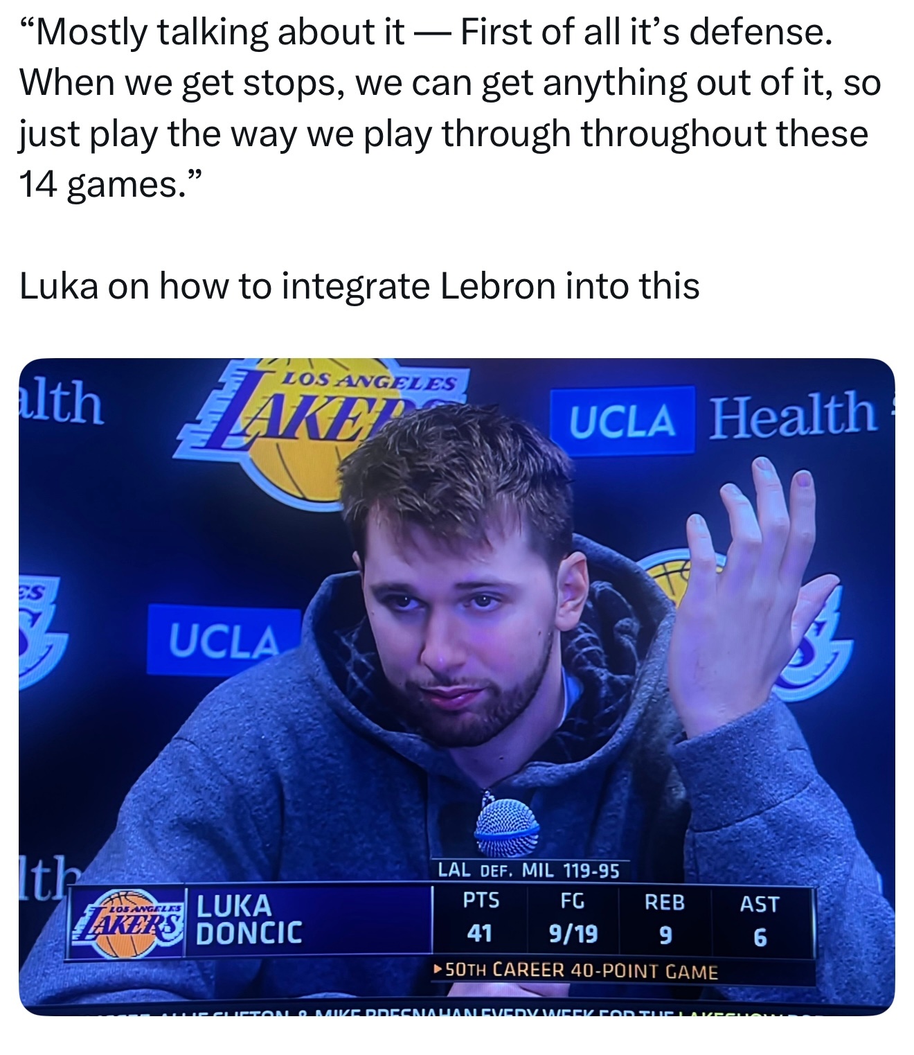 东契奇谈詹姆斯回归后如何融入球队：“我们主要讨论的是——首先是防守。当我们成功防