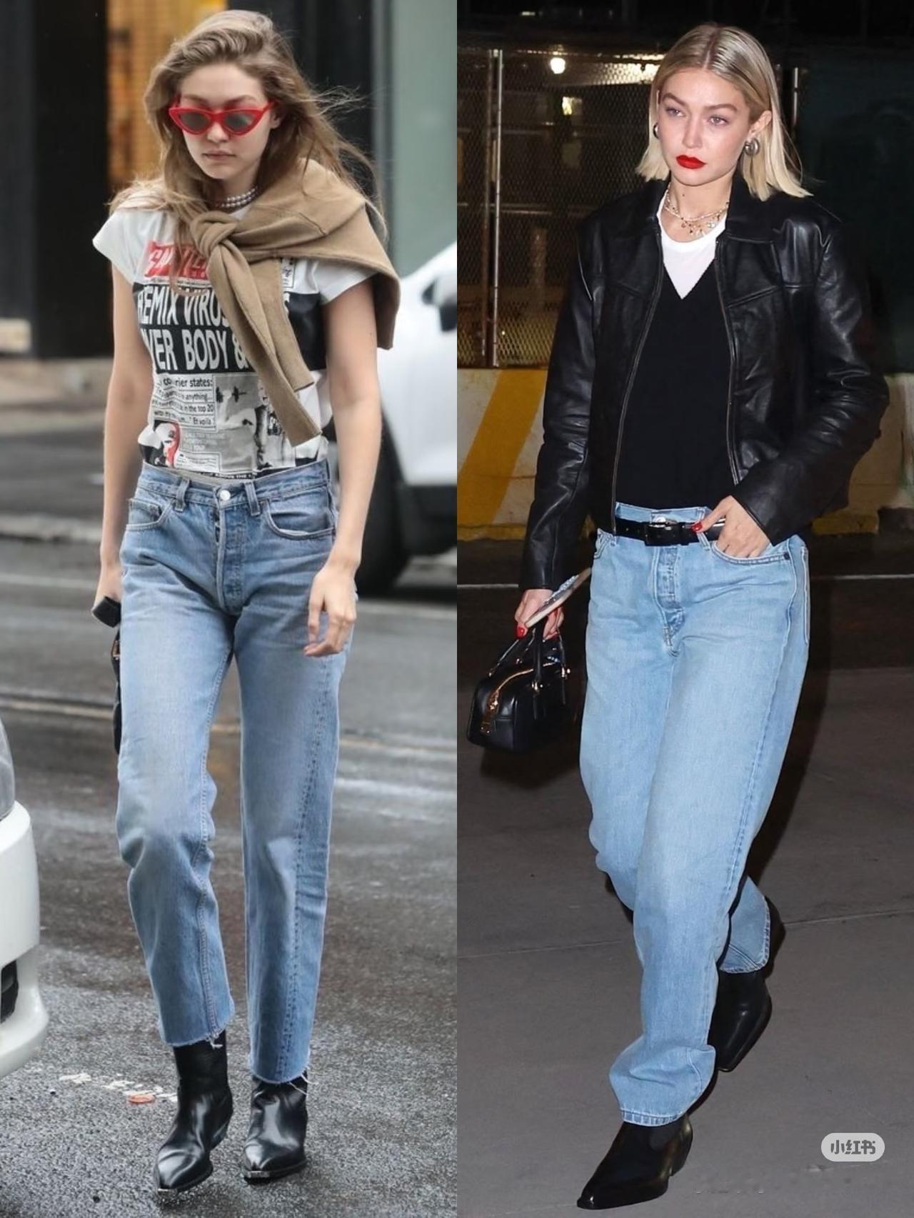 直筒牛仔裤×超模街拍感
Look1
黑印花无袖T+白阔腿裤+腰带
无袖T凸显肩颈